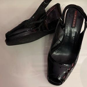 Prada Wedge Heel Slingback Shoes, Black Patented Leather